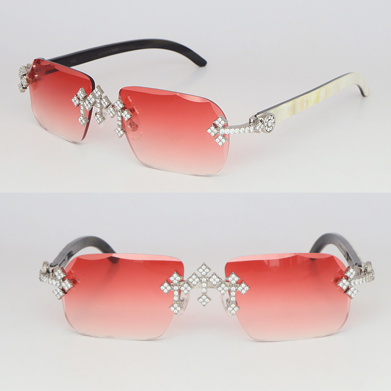 Cross Accessories Moissanite Set Rimless Womans Big Stones Dia Sun glasses Original White Buffalo Horn Men Women Sunglasses Size 58