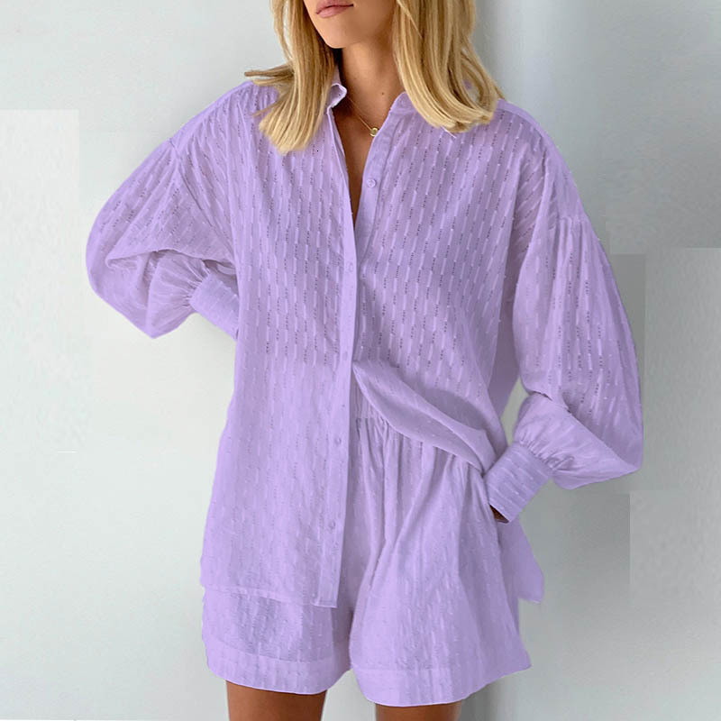 Women's Two Piece Pants Beach Shirt Shorts Two-Piece Set Women Summer Casual Tracksuit Female Loose Long Sleeve Top Suit Lounge Wear Homewear 230