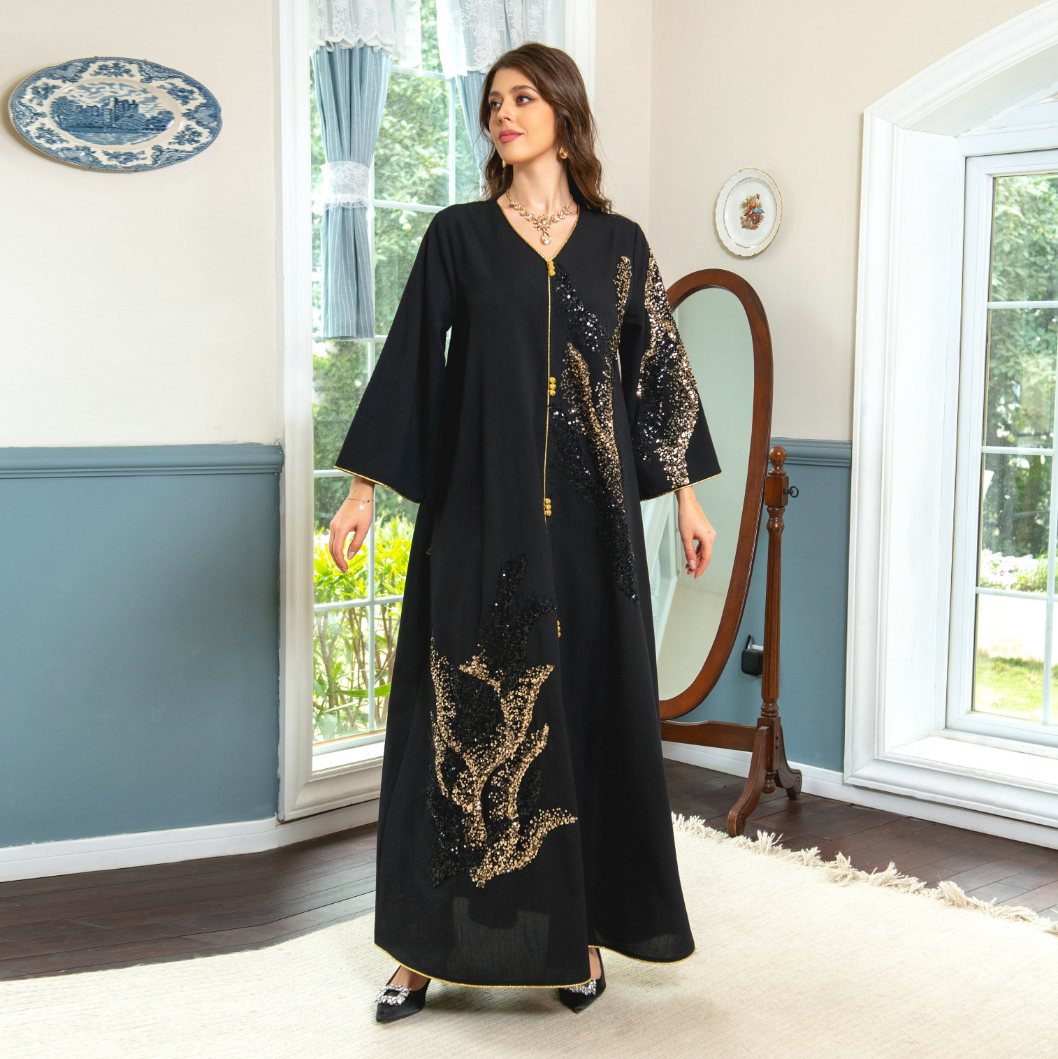 Ethnic Clothing Abaya for Women Morocco Arab Dubai Muslim Women's Long Sleeve Spliced Beaded Embroidered Loose fitting Dress 230613