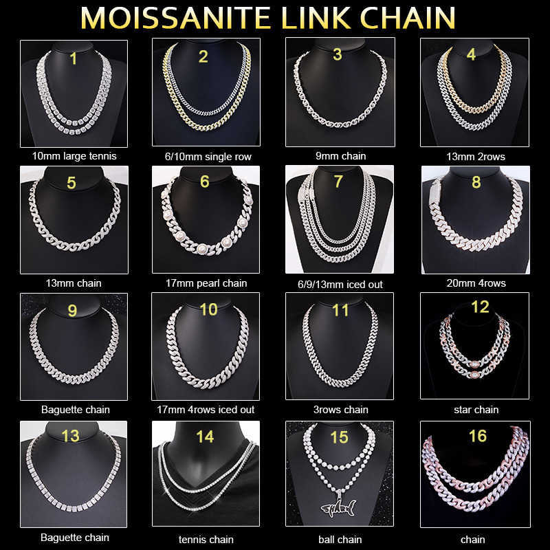 Full Ice out 2rows 6mm 9mm 13mm Solid Sier Moissanite Cuban k Chain Mans Hip Hop Necklace