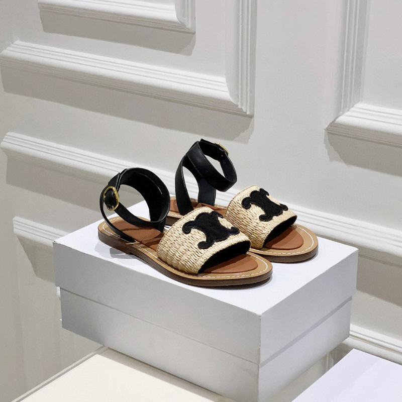 Top quality flat slides Raffia sandals embellished Ankle strap open toe Women's luxury designer holiday flats gladiator sandal factory footwear
