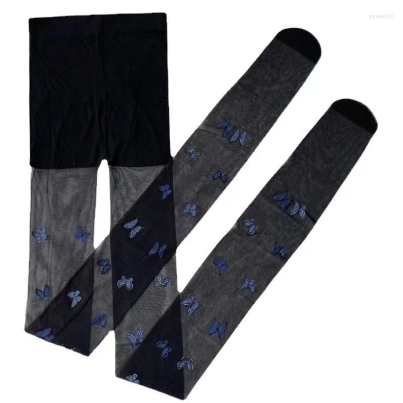 Women Socks Blue Butterfly Stocking Tights Leggings Lolita Hollowed Out Mesh Stockings Bottomed Lace Pantyhose Ral Long Silk B3