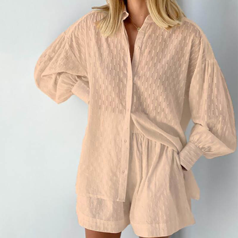 Women's Two Piece Pants Beach Shirt Shorts Two-Piece Set Women Summer Casual Tracksuit Female Loose Long Sleeve Top Suit Lounge Wear Homewear 230