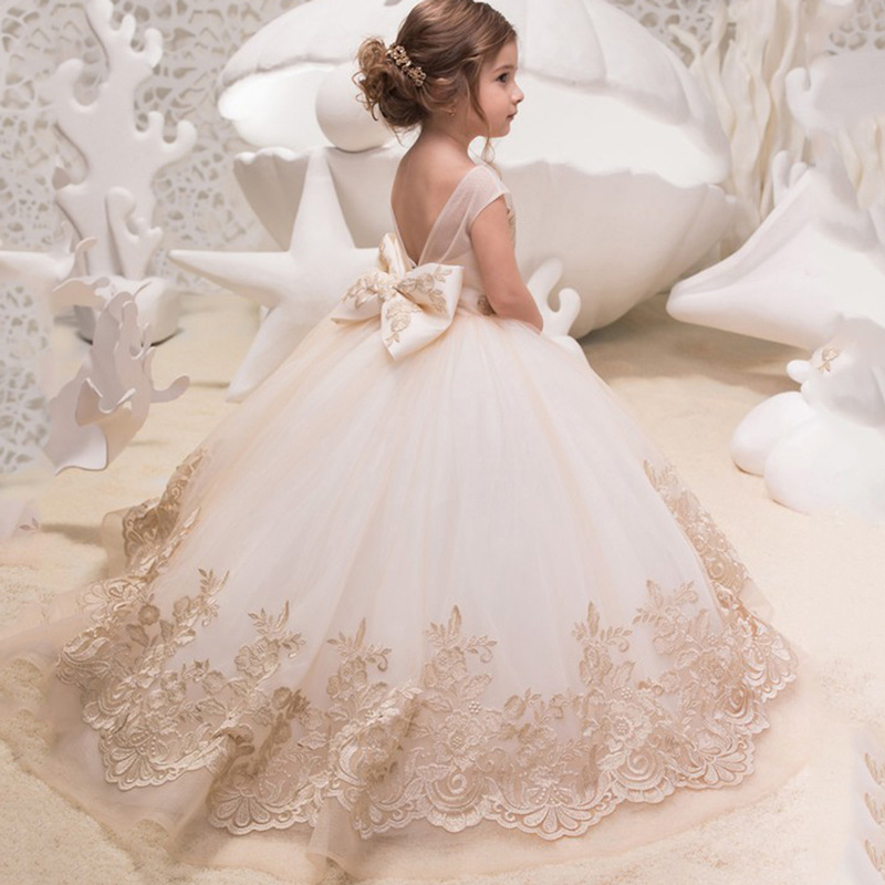 Champagne Lace Appliques Ball Gown Flower Girl Dresses Sleeveless Bow Back Kids Toddler Wedding Party Dress First Communion Gowns