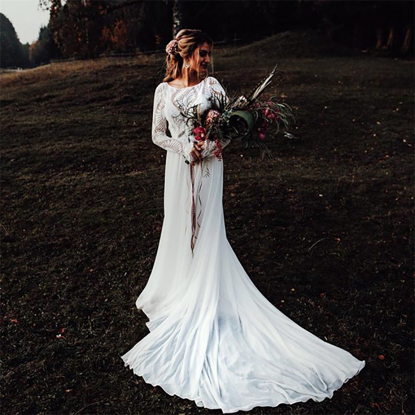 Chic Crochet Lace Bohemian Wedding Dress 2023 Elegant Chiffon Long Sleeve Boho White Rustic Country Bride Dress Civil Bridal Vestidos De Novia hippie 