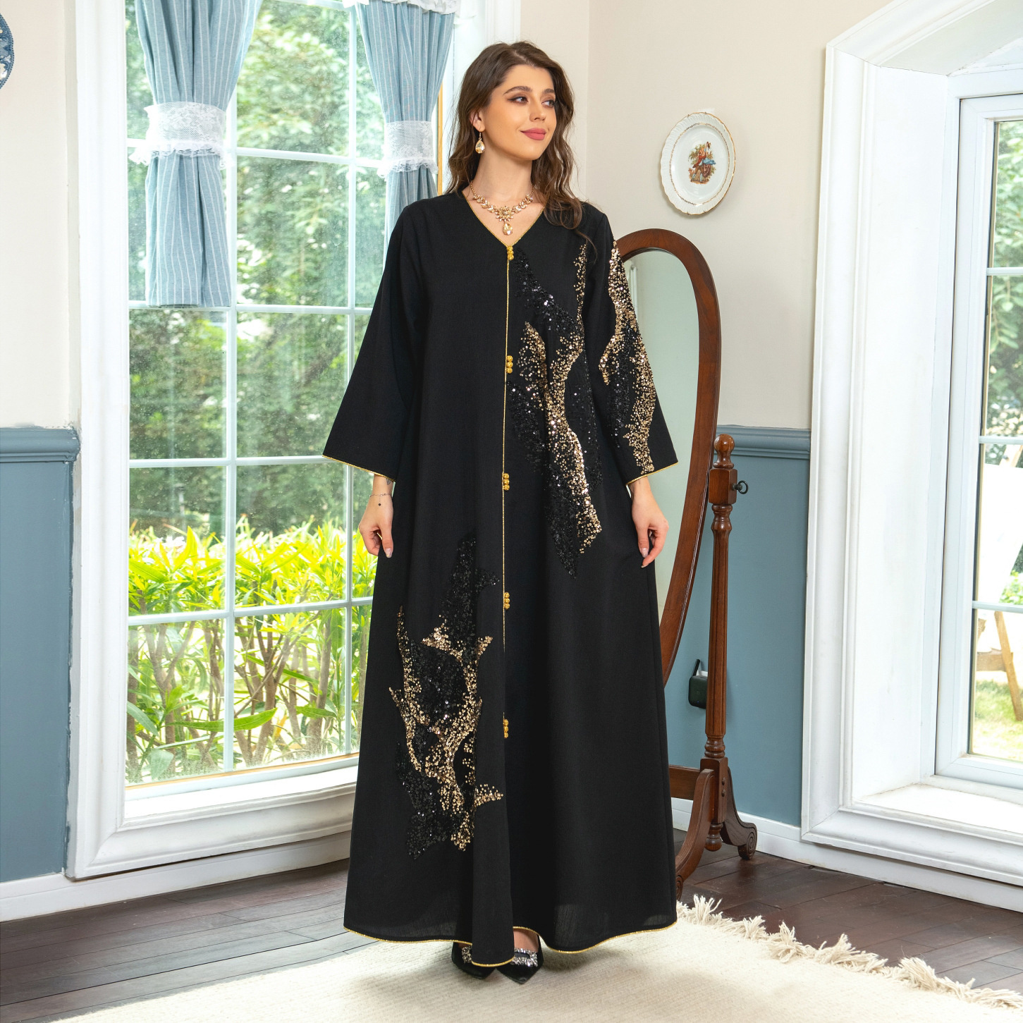 Ethnic Clothing Abaya for Women Morocco Arab Dubai Muslim Women's Long Sleeve Spliced Beaded Embroidered Loose fitting Dress 230613