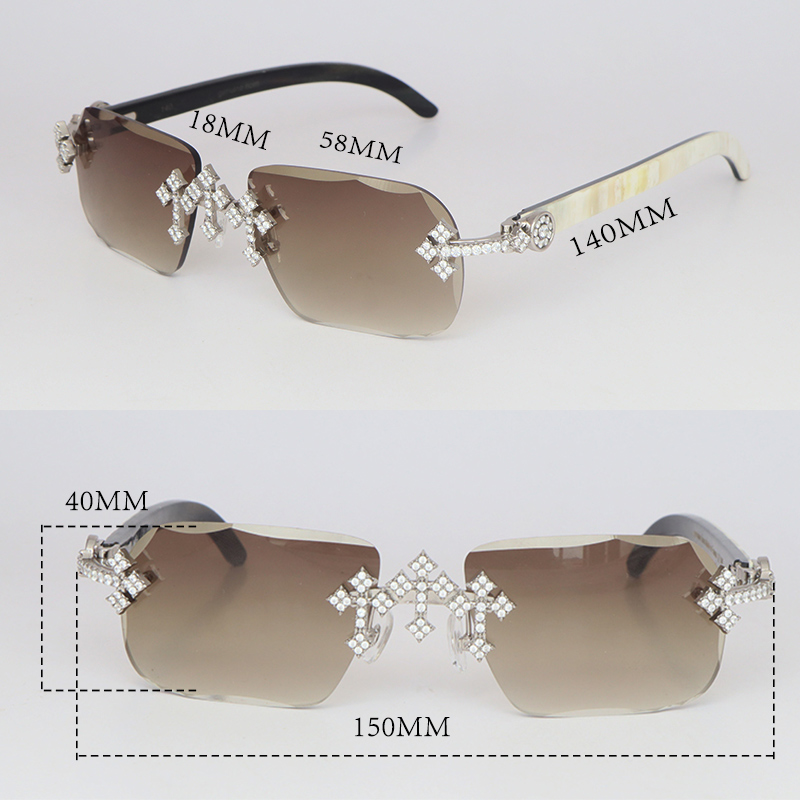 Cross Accessories Moissanite Set Rimless Womans Big Stones Dia Sun glasses Original White Buffalo Horn Men Women Sunglasses Size 58