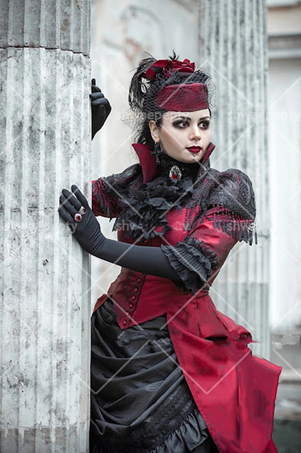 Gothic Victorian Style Wedding Dress Black And Dark Red Steampunk Medieval Gowns For Women Ruched High Neck Vestido 2023