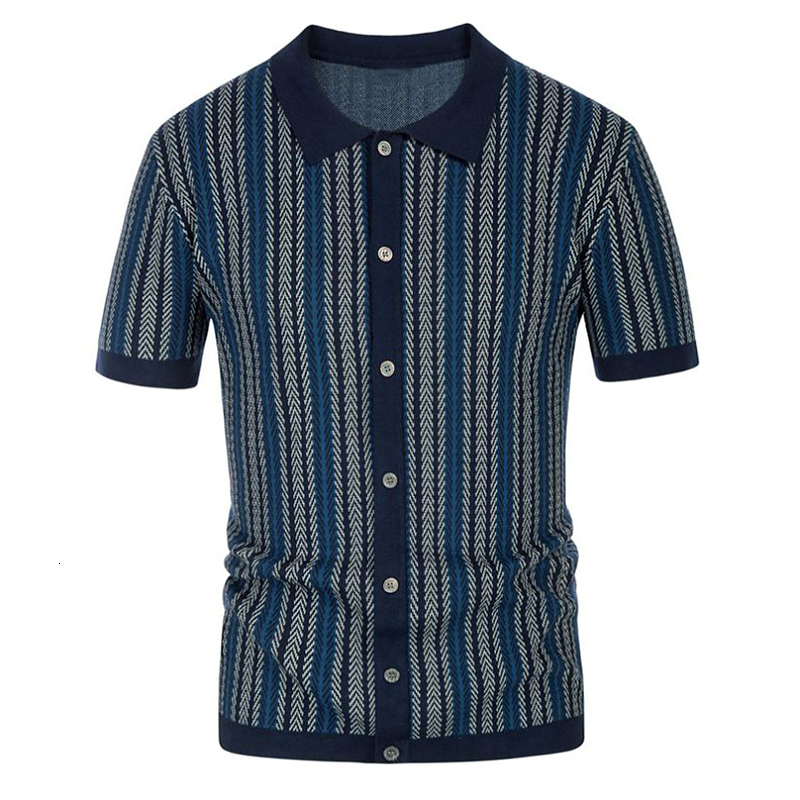 Men's Polos Men's Knit Striped Polo Shirt Casual Clothing Streetwear Suit Collar Button Down Breathable Vintage Summer M-3XL 230612