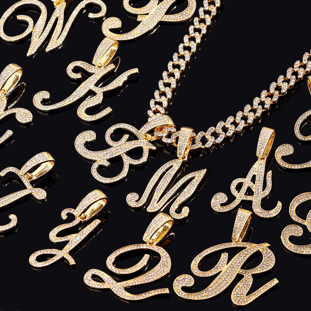 Charms Bling Iced Out Chain Crystal Cursive Initials Pendant Necklace for Women Cuban Choker Stainless Steel Zircon Jewelry 230613