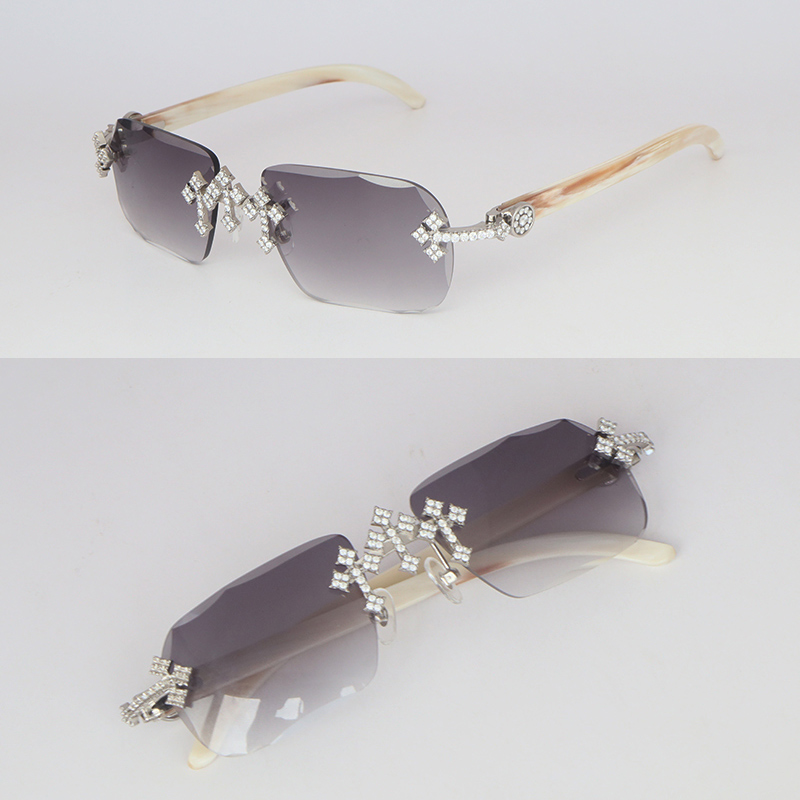 Moissanite Set Rimless Womans Big Stones Dia Sun glasses Original White Horn Limited edition Sunglasses Men Woman Size 58 New