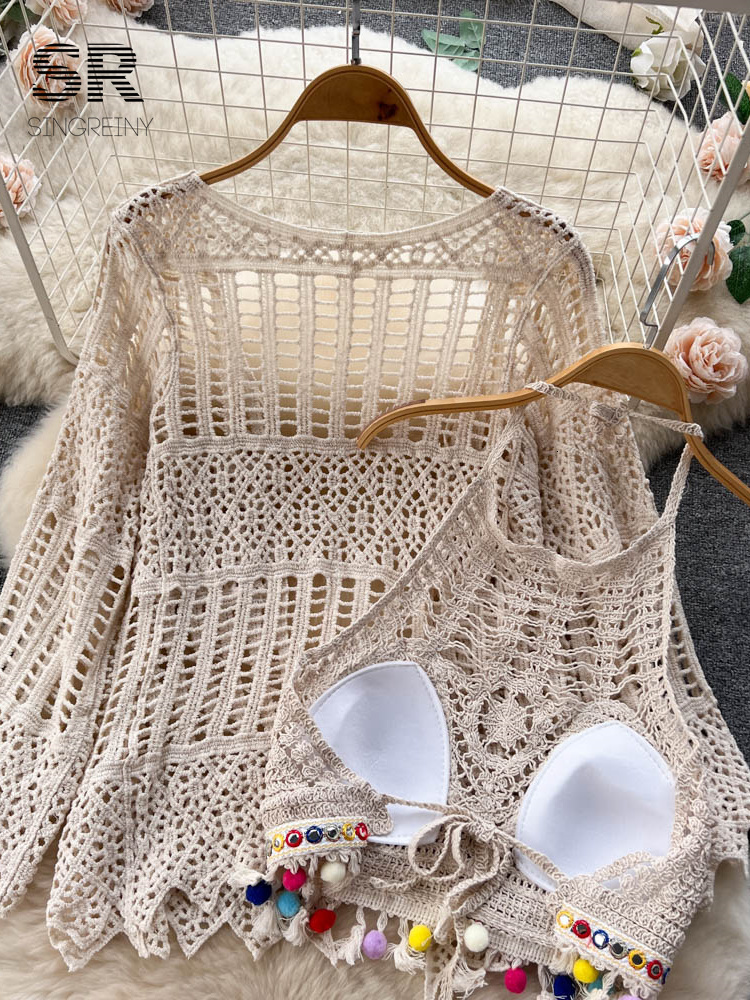 Women's Two Piece Pants SINGREINY Hook Beach Style Three Piece Sets Women Hollow Out Cardigan Halter Camisole Wide Leg Shorts Vacation Knitted Su