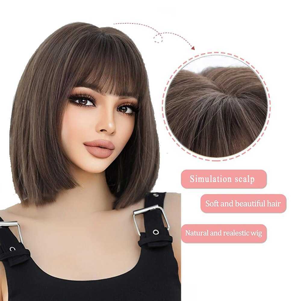 Lace Wigs Brown Short Bob Wig Girl Daily Wear Synthetic Wig New Style Natural Soft Summer Heat Resistant Wig With Bangs Z0613