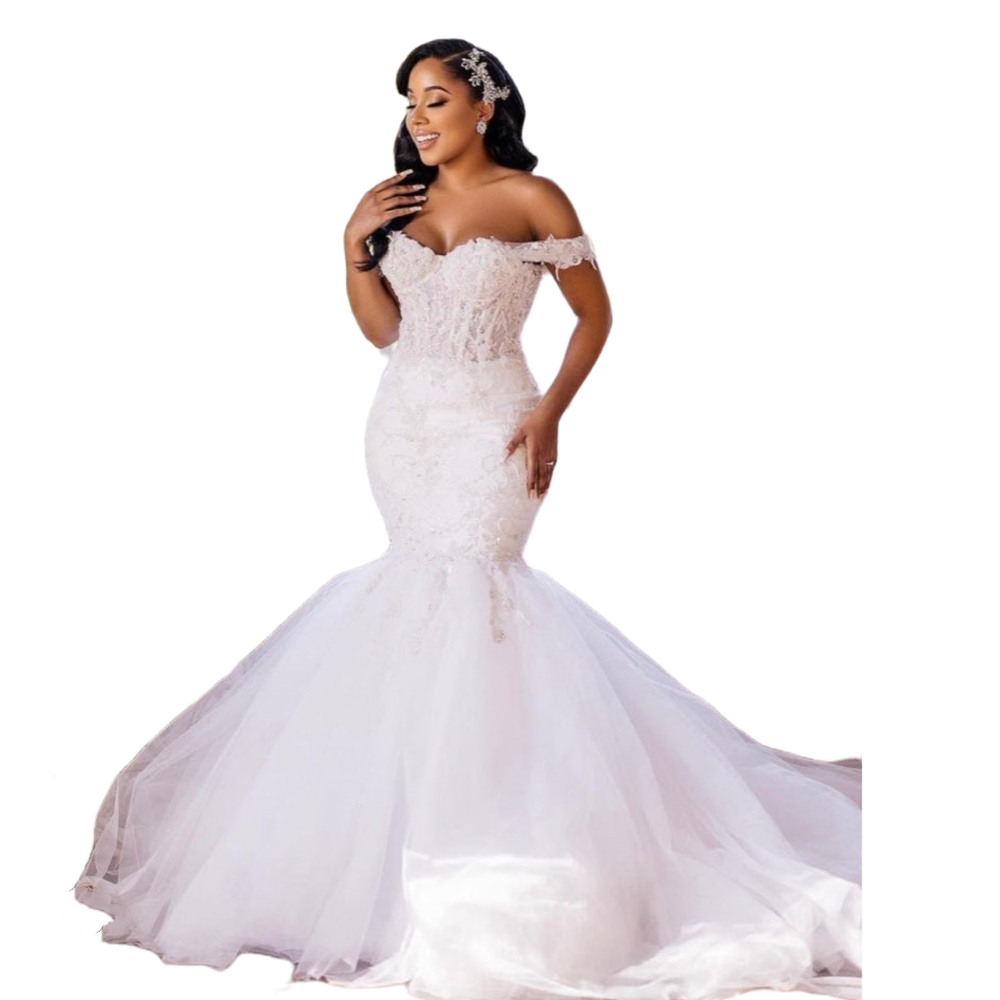 Gorgeous African Mermaid Wedding Dresses Lace Appliques Off The Shoulder Corset Ivory Bridal Gowns Sweetheart Neck Sleeveless Long Plus Size Robe De M