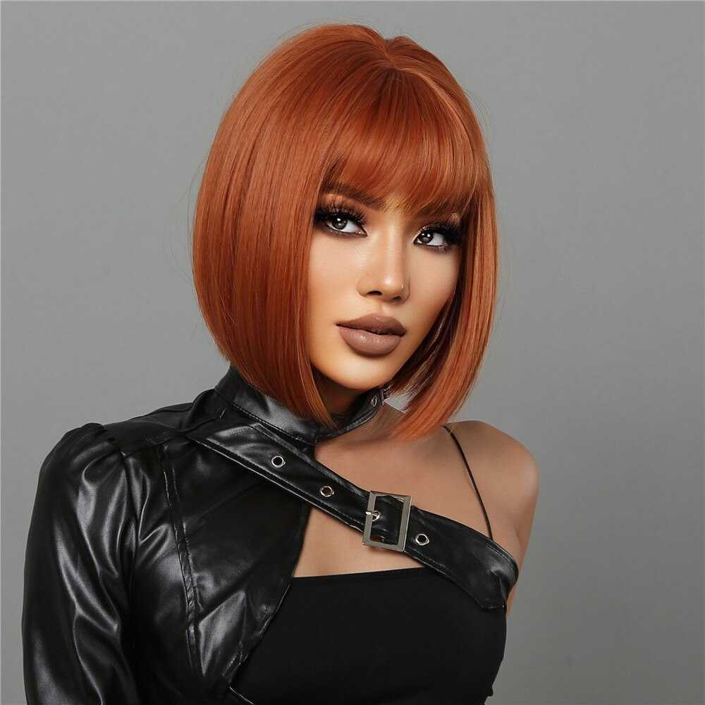 Lace Wigs Ginger Bob Wigs For Women Short Orange Bob Wigs With Flat Bangs Heat Resistant Synthetic Hair Z0613