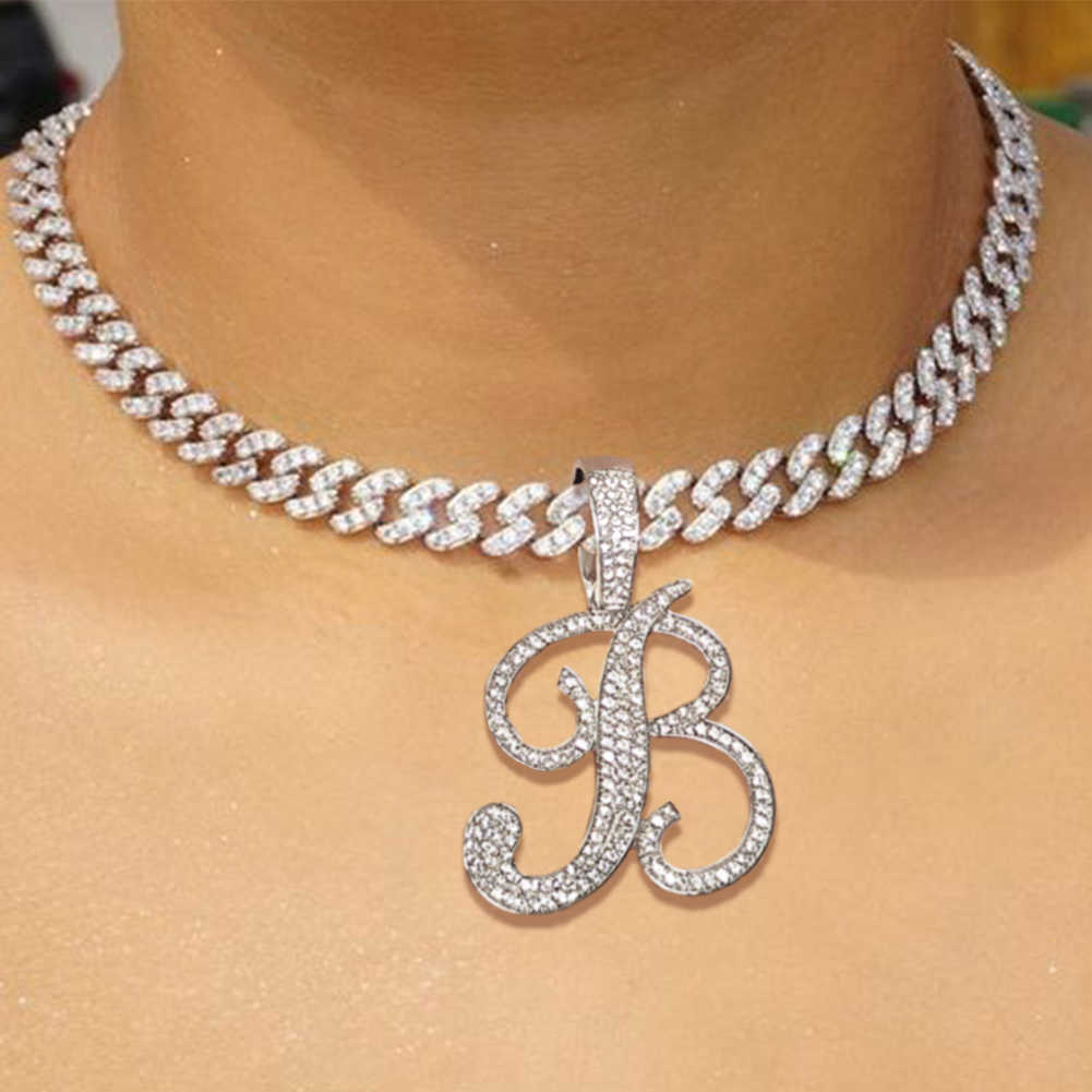 Charms Bling Iced Out Chain Crystal Cursive Initials Pendant Necklace for Women Cuban Choker Stainless Steel Zircon Jewelry 230613