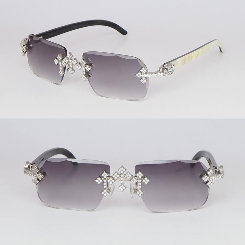 Cross Accessories Moissanite Set Rimless Womans Big Stones Dia Sun glasses Original White Buffalo Horn Men Women Sunglasses Size 58