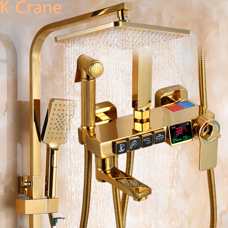 Bathroom Shower Heads Golden Shower Set Bathroom Smart Digital Shower System Wall Mount Thermostatic Bath Faucet SPA Rainfall Bathtub LED Tap Full Kit