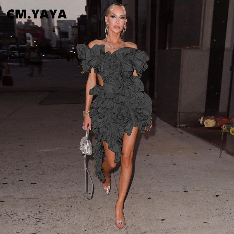 Basic Casual Dresses CM.YAYA Women Edible Tree Fungus Tierred High Low Asymmetrical Ball Gown Dress 2023 Sexy Club Party Evening Street 230613