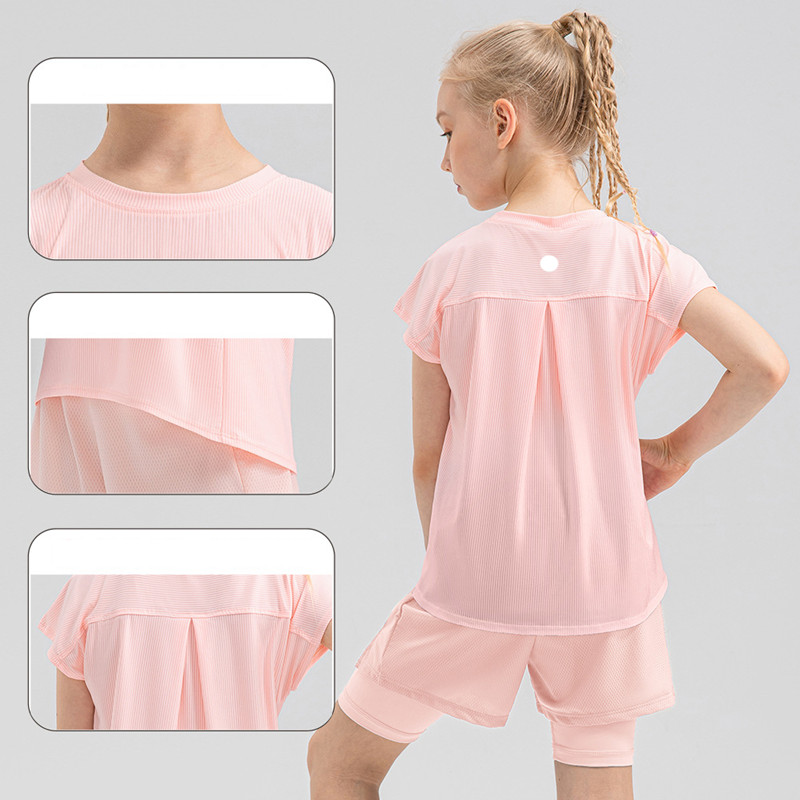 Kids Yoga Shirts Short Sleeve for Girls Crew Neck Breathable Seamless Quick Dry Children's Fintness Sports Summer T Shirt LLLM33210