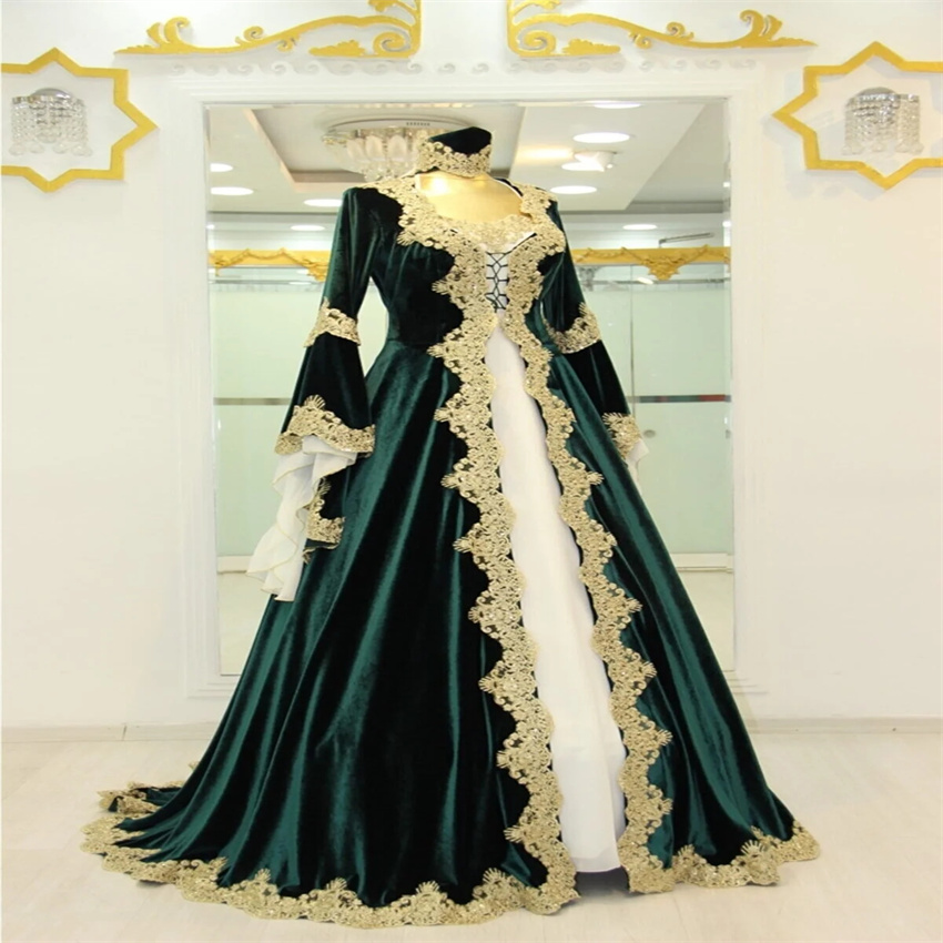 Traditional Green Moroccan Turkish Wedding Dress 2023 Elegant A Line Velvet Gothic Church Bridal Gowns Gold Lace Long Sleeve Vestidos De Novia hippie 