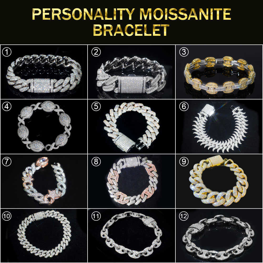 Pass Dia Tester VVS Ice Out Moissanite Coffee Beans Cuban k Chain 8mm Bracelet Sier Fine Jewelry For Man Woman Gift