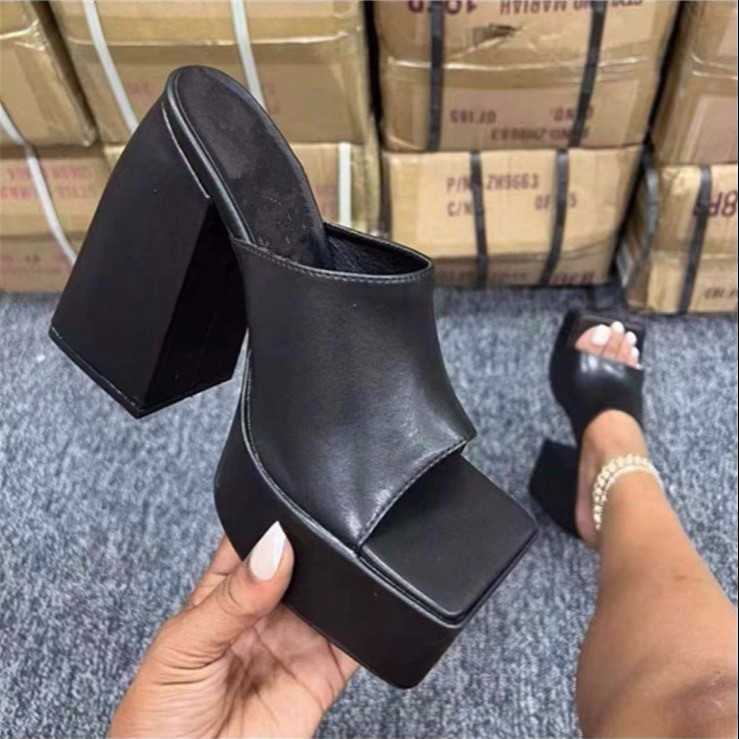 Slippers Summer 2022 New Fish Mouth Slippers Womens Thick Heel Thick Sole Large Square Head High Heel Womens Sandals J240315
