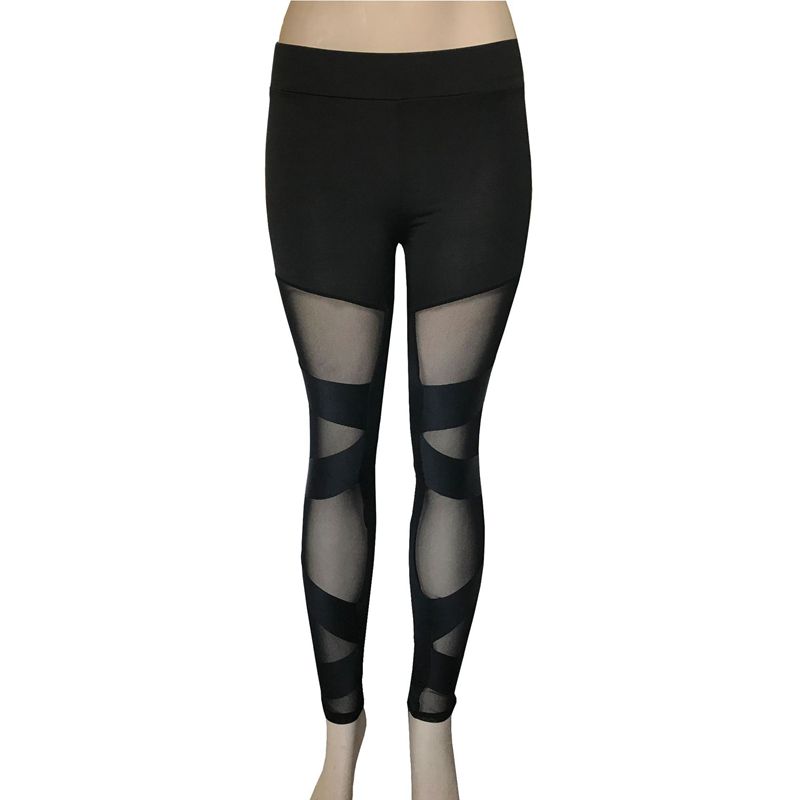 Womens sexy european design elastic waist gauze patched perspective yoga sports leggings SMLXLXXL