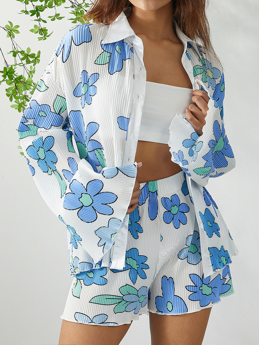 Women's Two Piece Pants wsevypo Women Two-piece Pleated Shorts Suits Chic Fashion Flower Print Long Sleeve Shirts and Loose Shorts Matching Set 2