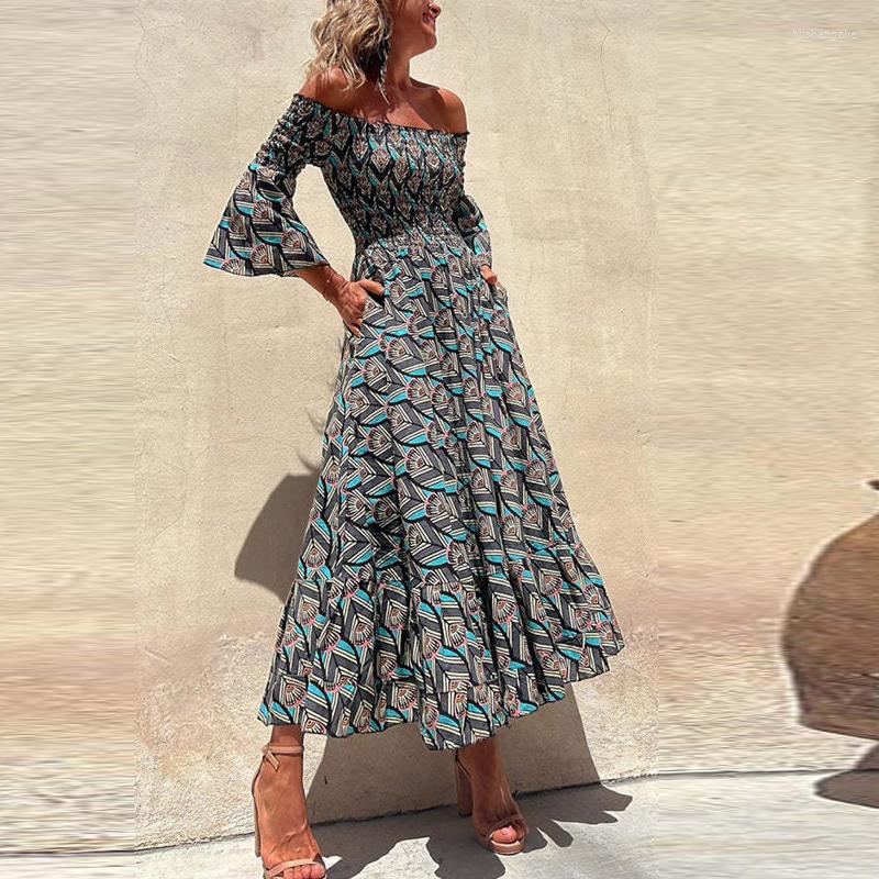 Casual Dresses Elegant Ladies High Waist A-line Dress Summer Off Shoulder Flared Long Sleeve Vintage Feather Print Womens