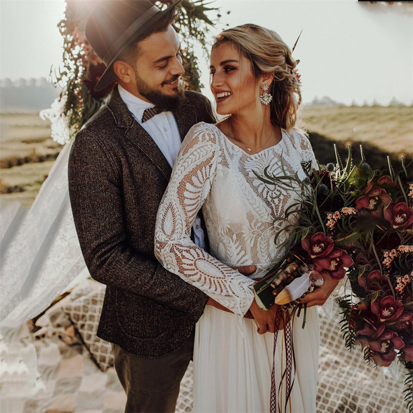 Chic Crochet Lace Bohemian Wedding Dress 2023 Elegant Chiffon Long Sleeve Boho White Rustic Country Bride Dress Civil Bridal Vestidos De Novia hippie 