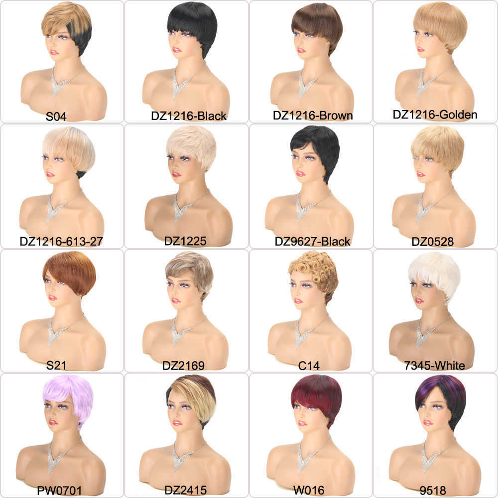 Lace Wigs Short Pixie Cut Wigs Synthetic Hair with Bangs Wavy Purple Blonde Black Wig for Women Heat Resistant Bob Wig Female Z0613