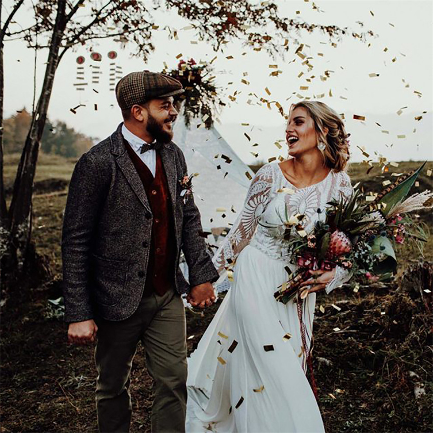 Chic Crochet Lace Bohemian Wedding Dress 2023 Elegant Chiffon Long Sleeve Boho White Rustic Country Bride Dress Civil Bridal Vestidos De Novia hippie 