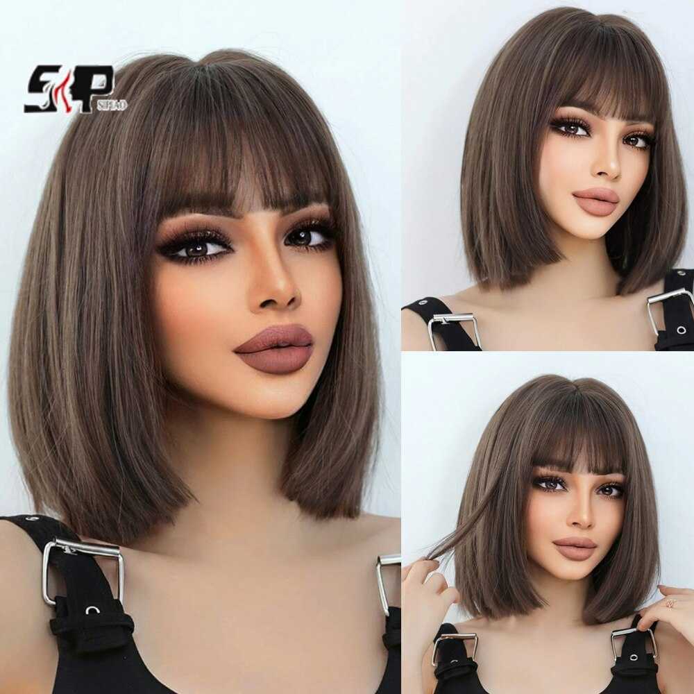 Lace Wigs Brown Short Bob Wig Girl Daily Wear Synthetic Wig New Style Natural Soft Summer Heat Resistant Wig With Bangs Z0613