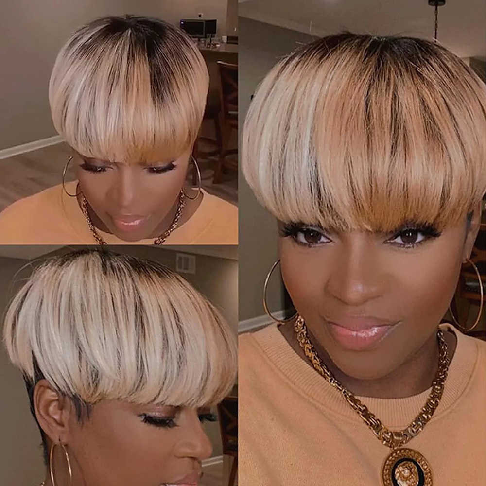 Lace Wigs Short Pixie Cut Wigs Synthetic Hair with Bangs Wavy Purple Blonde Black Wig for Women Heat Resistant Bob Wig Female Z0613