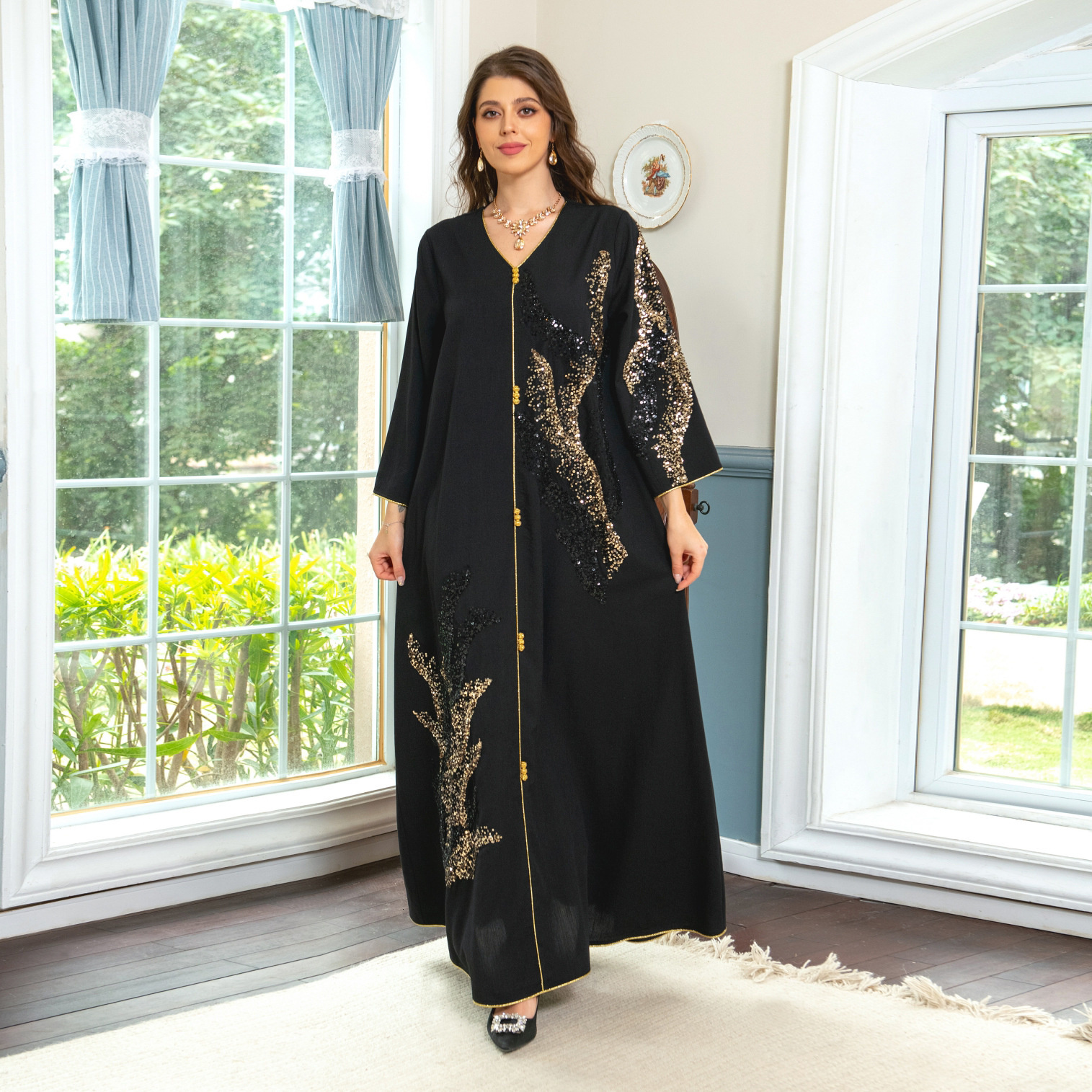 Ethnic Clothing Abaya for Women Morocco Arab Dubai Muslim Women's Long Sleeve Spliced Beaded Embroidered Loose fitting Dress 230613