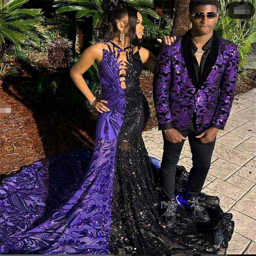 Luxury Sequin Prom Dress Black With Purple 2023 Elegant Mermaid Black Girls Evening Gowns Plus Size Glitter Formal Occasion Wear robe de soiree vestid