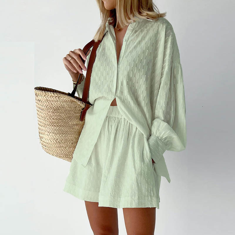 Women's Two Piece Pants Beach Shirt Shorts Two-Piece Set Women Summer Casual Tracksuit Female Loose Long Sleeve Top Suit Lounge Wear Homewear 230