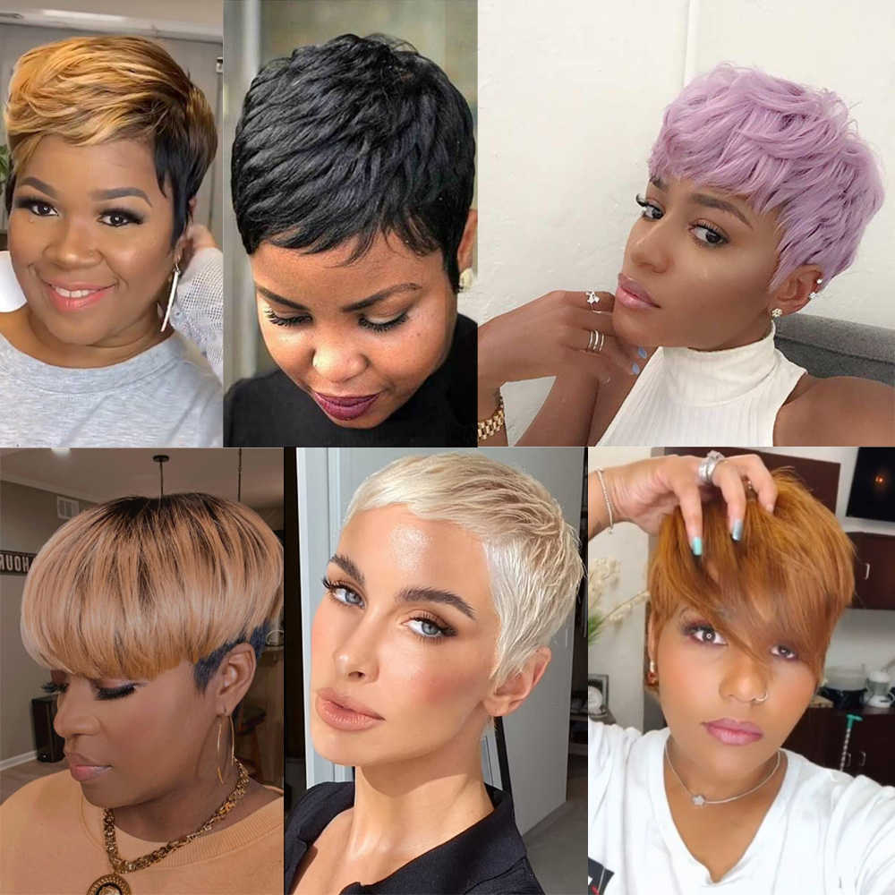 Lace Wigs Short Pixie Cut Wigs Synthetic Hair with Bangs Wavy Purple Blonde Black Wig for Women Heat Resistant Bob Wig Female Z0613