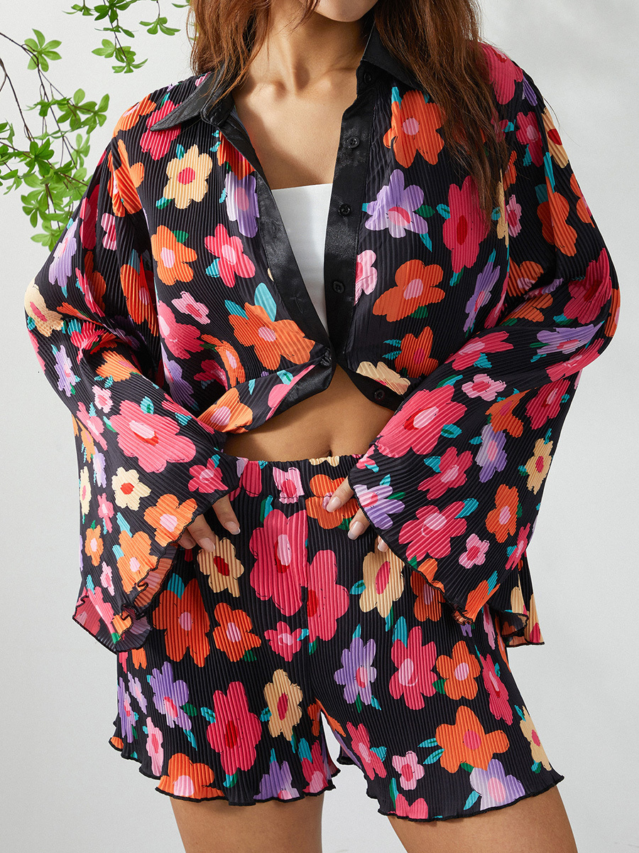 Women's Two Piece Pants wsevypo Women Two-piece Pleated Shorts Suits Chic Fashion Flower Print Long Sleeve Shirts and Loose Shorts Matching Set 2