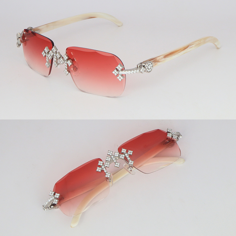 Moissanite Set Rimless Womans Big Stones Dia Sun glasses Original White Horn Limited edition Sunglasses Men Woman Size 58 New