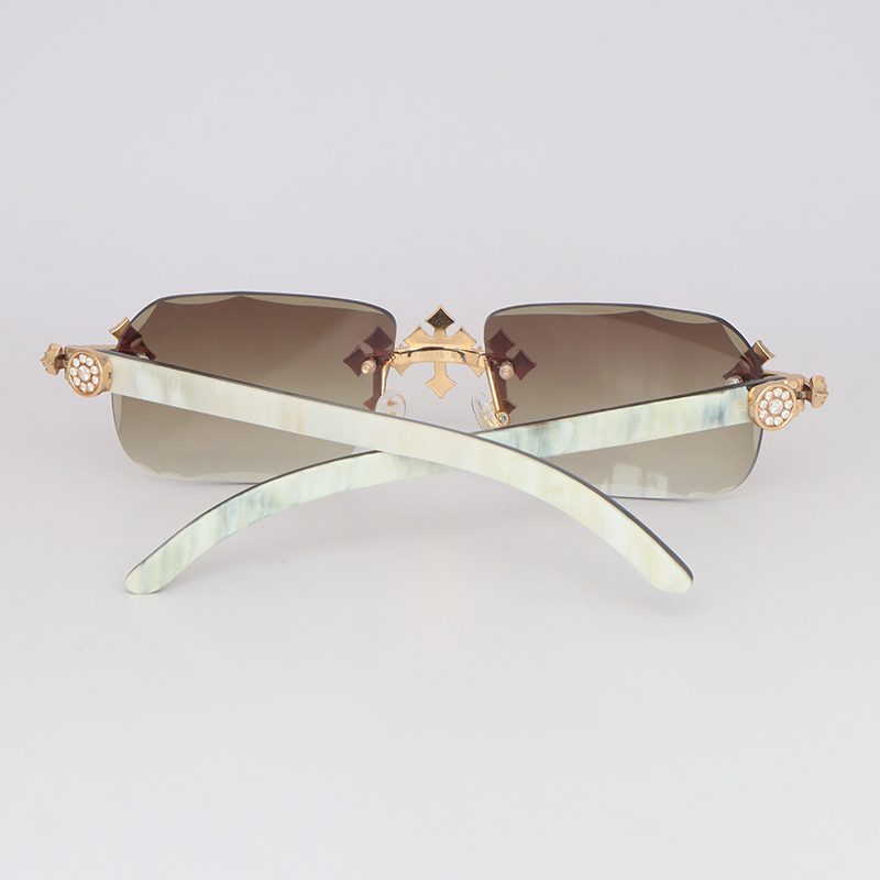 Cross Accessories Moissanite Set Rimless Womans Big Stones Dia Sun glasses Original White Buffalo Horn Men Women Sunglasses Size 58