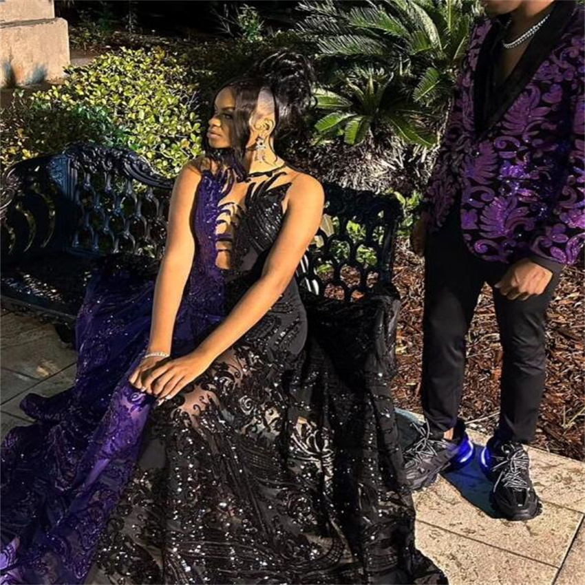 Luxury Sequin Prom Dress Black With Purple 2023 Elegant Mermaid Black Girls Evening Gowns Plus Size Glitter Formal Occasion Wear robe de soiree vestid