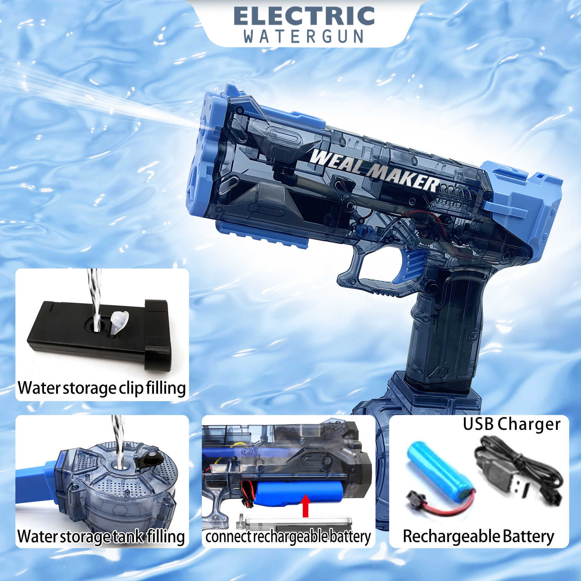 Sand Play Water Fun 2023 New Cool Electric Gun Toy Weal Maker Watergun Children's Charging Energy Automatic Spray Pistol R230613