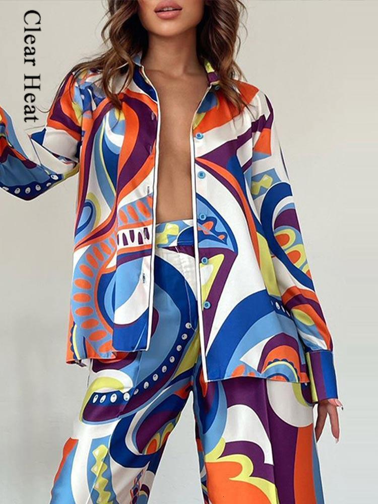 Women's Two Piece Pants Woman Satin Print Shirt Trousers Two Piece Suit Casual Oversized Long Sleeve Top Straight Pants Set Female Elegant Outifits 230613