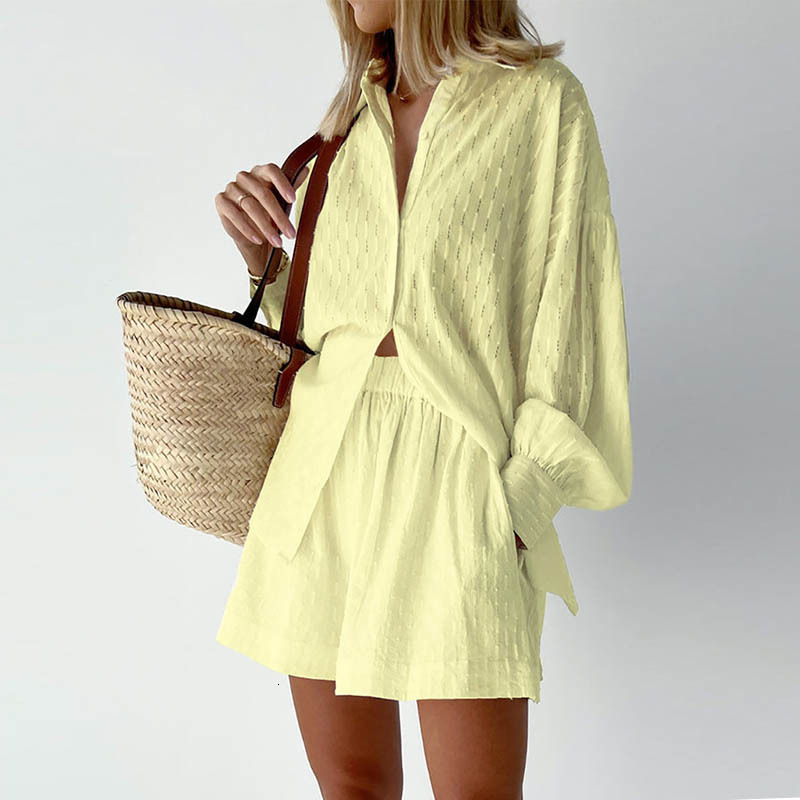 Women's Two Piece Pants Beach Shirt Shorts Two-Piece Set Women Summer Casual Tracksuit Female Loose Long Sleeve Top Suit Lounge Wear Homewear 230