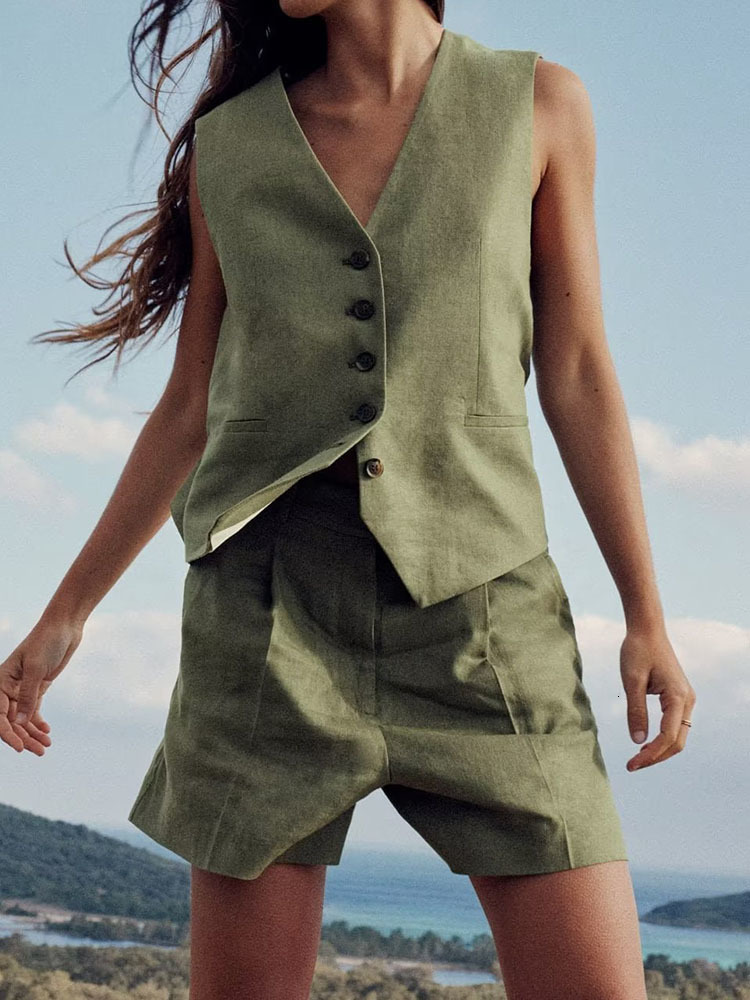 Women's Two Piece Pants TRAF Women Solid Vest Blazer Sets Summer V-neck Single Breasted Jacket A-Line Zipper Short Trouser Causal Basic Suits 230