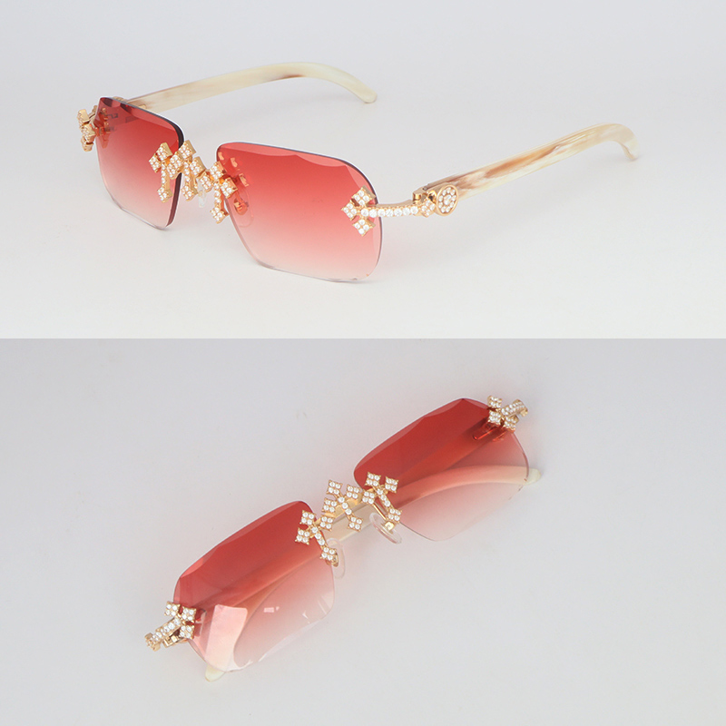 Moissanite Set Rimless Womans Big Stones Dia Sun glasses Original White Horn Limited edition Sunglasses Men Woman Size 58 New