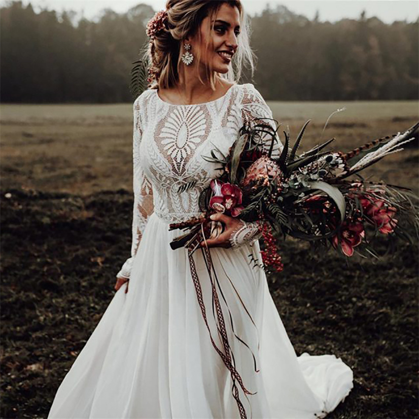 Chic Crochet Lace Bohemian Wedding Dress 2023 Elegant Chiffon Long Sleeve Boho White Rustic Country Bride Dress Civil Bridal Vestidos De Novia hippie 