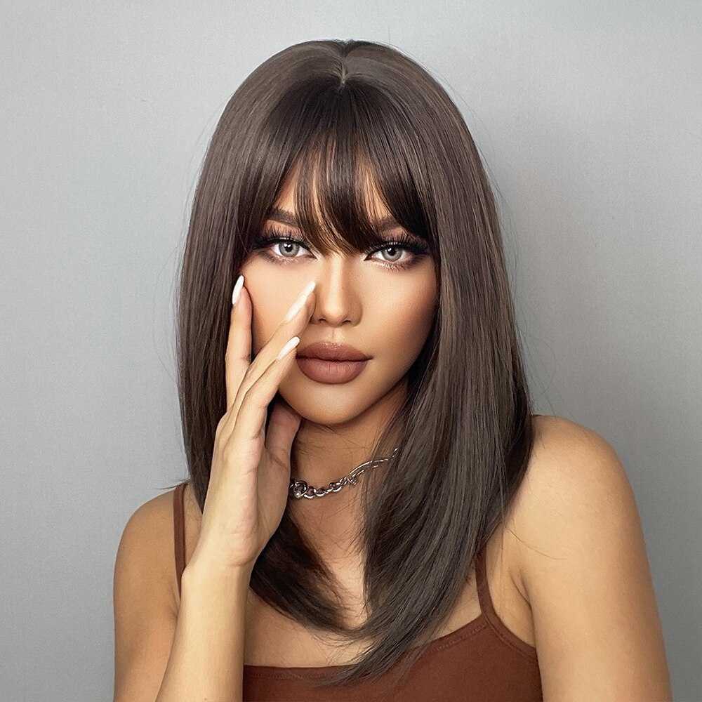 Lace Wigs Brown Bob Wigs With Bangs For Women Shoulder Length Bob With Dark Roots For Girl Use Z0613